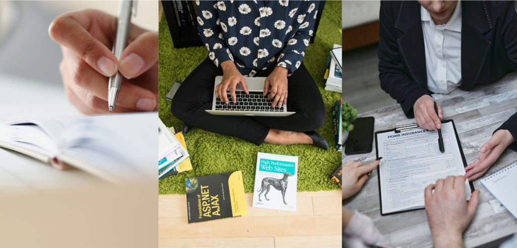 Collage con tres escenas: una persona escribiendo en un diario, un estudiante feliz con libros y un portátil, y un profesional dando una presentación en una sala de reuniones. Representa las diferentes áreas del coaching: personal, académico y ejecutivo