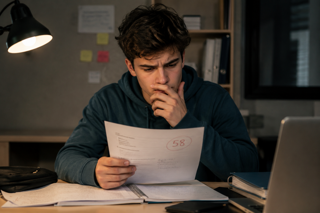 Estudiante mirando el resultado de un examen con preocupación