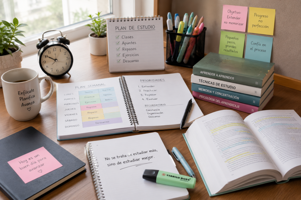 Espacio de estudio organizado con planificación semanal y material académico preparado