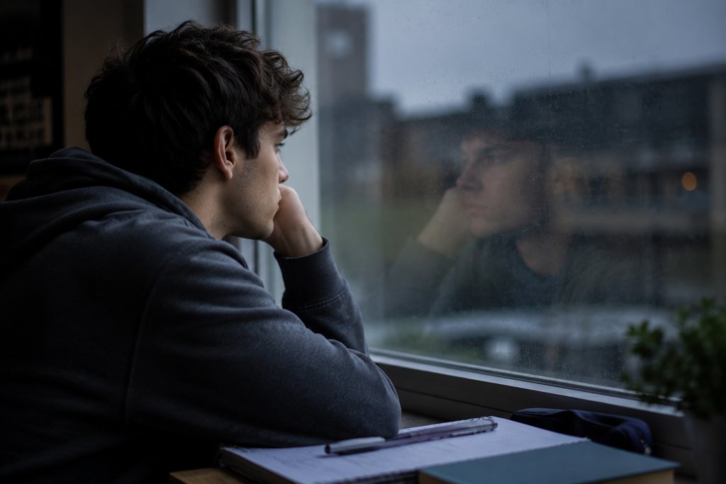 Estudiante universitario mirando su reflejo en una ventana en un momento de introspección y desgaste emocional relacionado con la procrastinación académica.