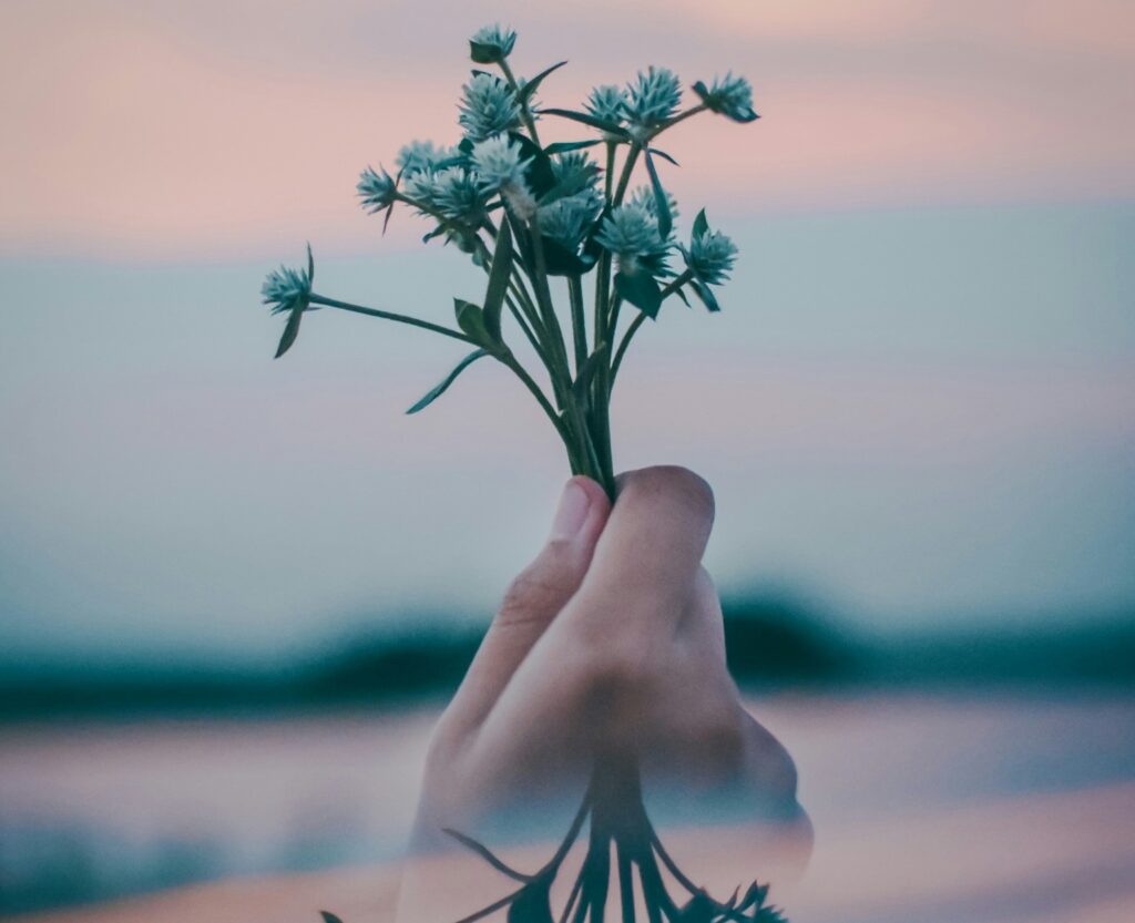 Mano sosteniendo un pequeño ramillete de plantas silvestres, con fondo difuminado de nubes.