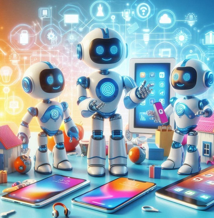Ilustración mostrando la evolución de la inteligencia artificial, desde robots de ciencia ficción hasta dispositivos modernos que usamos en la vida diaria.